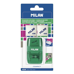 Milan Compact Afilaborra - 2 Gomas de Recambio - Cuchilla de Acero de Seguridad - Doble Agujero para Normal y Maxi - Colores Surtidos