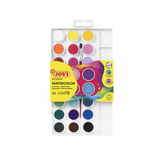 Jovi Pack de 24 Acuarelas en Pastilla 22mm + Pincel - Brillantes - Facilmente Mezclables - Colores Surtidos