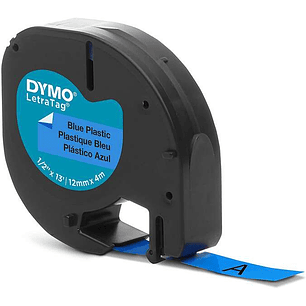 Dymo LetraTag S0721650 Cinta de Etiquetas Original para Rotuladora - Texto negro sobre fondo azul - Ancho 12mm x 4 metros (91205)