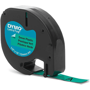 Dymo LetraTag S0721640 Cinta de Etiquetas Original para Rotuladora - Texto negro sobre fondo verde - Ancho 12mm x 4 metros (91204)