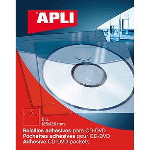 Apli Bolsillos Adhesivos para Cd/Dvd con Solapa de Cierre - Tamaño 126 x 126mm - Ideal para Presentaciones Impresas y Archivadores - Contiene 6 Bolsil
