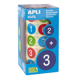 Apli Rollo de 900 Gomets Redondos con Numeros Ø 20 mm - Adhesivo Removible Base Agua - Fomenta Aprendizaje - Libre de Disolventes - Colores Surtidos