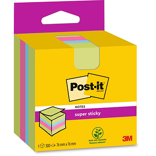 Post-It Super Sticky Cubo de 300 Notas Adhesivas Reposicionables - 76x76mm - 100% PEFC - Colores Surtidos