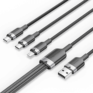Vention Cable USB-A 2.0 a USB-C, Lightning, Micro-B 3A - 1.5m - Trenzado - Color Negro