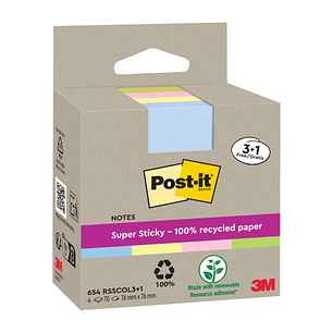 Post-It Super Sticky Pack de 4 Blocs de 70 Notas Adhesivas Recicladas - Forma Cuadrada - 76x76mm - Colores Surtidos
