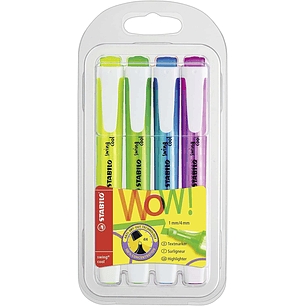 Stabilo Swing Cool Pack de 4 Marcadores Fluorescentes - Cuerpo Plano - Punta Biselada - Trazo entre 1 y 4mm - Tinta con Base de Agua - Antisecado - Co