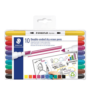 Staedtler Lumocolor 3010 Pack de 10 Marcadores para Pizarra Blanca - Doble Punta Biselada y Conica - Tinta Base de Agua - Colores Surtidos