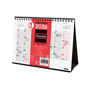 Finocam Calendario de Sobremesa - Anual 2026 - 210x70x155mm - Espacio para Escribir - Color Blanco y Rojo