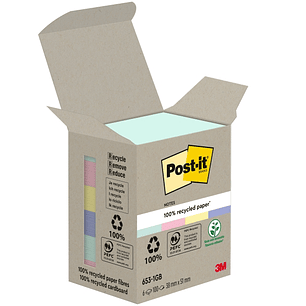 Post-It Pack de 6 Blocs de 100 Notas Adhesivas Recicladas - Forma Rectangular - 51x51mm - Colores Surtidos