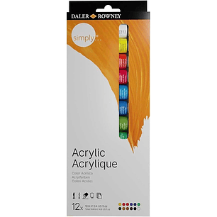 Daler Rowney Simply Pack de 12 Pinturas Acrilicas 12ml - Secado Rapido - Optima Cobertura - Mezclables - Colores Surtidos