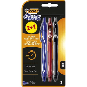 Bic Gel-Ocity Quick Dry 2+1 Pack de 3 Boligrafos Retractiles - Grip de Goma - Punta Media de 0.7mm - Secado Ultra Rapido - No Mancha el Papel - Colore