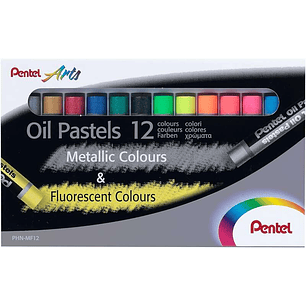 Pentel Oil Pastels Pack de 12 Pasteles Oleo - 6 Metalicos y 6 Fluorescentes - Blandos, Cremosos y de Secado Lento - Colores Metalicos y Fluorescentes 
