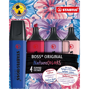 Stabilo Boss Naturecolors Wildflower Edition Pack de 4 Marcadores - Trazo entre 2 y 5mm - Tinta con Base de Agua - Colores Azul Marino, Colorete, Lila