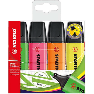 Stabilo Boss 70 Pack de 4 Marcadores Fluorescentes - Trazo entre 2 y 5mm - Recargable - Tinta con Base de Agua - Colores Surtidos