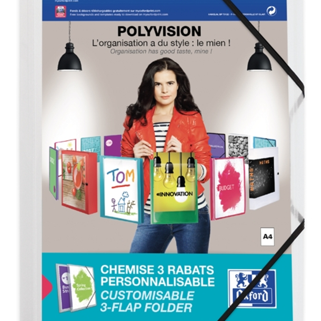 Oxford Polyvision A4+ Carpeta de Gomas 3 Solapas - Tapa de Plastico Personalizable - Lomo 30mm Transparente 1