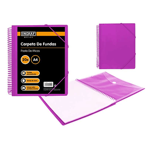 Ingraf Carpeta 20 Fundas A4 + Sobre con Broche - Espiral Plastica Indeformable - Apertura 360 Grados - Portada Personalizable - Color Morado