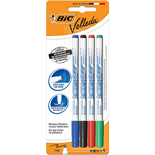 Bic Velleda 1721 Pack de 4 Rotuladores para Pizarra - Punta Fina - Trazo de 1.6mm - Borrado Optimo - Colores Surtidos
