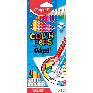 Maped Color´Peps Oops Pack de 12 Lapices de Colores Borrables - Mina 2.9mm - Con Goma de Borrar - Sin Madera - Colores Surtidos