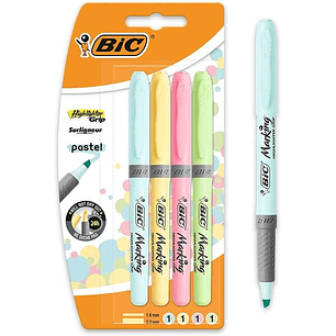 Bic Highlighter Grip Pack de 4 Marcadores Fluorescentes Pastel - Tinta con Base de Agua - Punta Biselada - Trazo entre 1.60 y 3.30mm - Colores Surtido