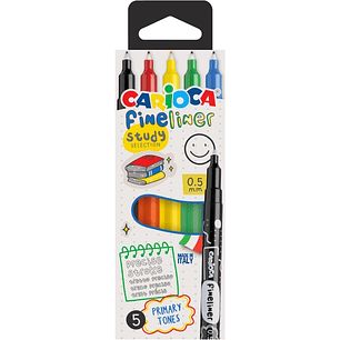 Carioca Fineliner Study Pack de 5 Rotuladores - Punta Blanca de Acetal 0.5mm - Colores Surtidos