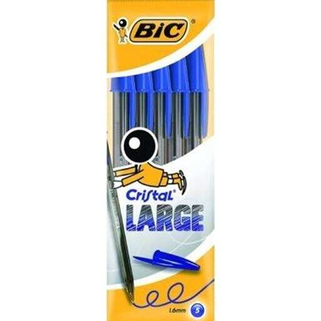 Bic Cristal Large Pack de 5 Boligrafos de Bola - Punta Redonda de 1.6mm - Trazo 0.6mm - Tinta con Base de Aceite - Color Azul 1