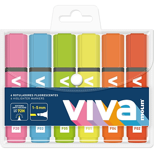 Molin Viva Pack de 6 Marcadores Fluorescentes - Trazo entre 1 y 5mm - Tinta con Base de Agua - Colores Surtidos