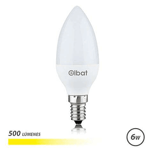 Elbat Bombilla LED - Potencia 6W - Lumenes 500 - Tipo de Luz 3000K Luz Calida - Casquillo E14 - Angulo 180º - Dimensiones 37X100mm - 30.000 Horas de V