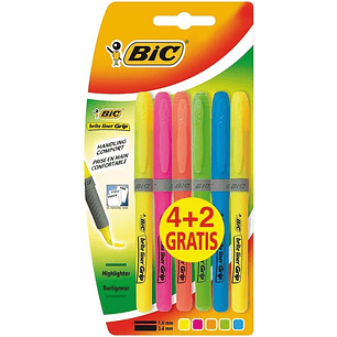 Bic Brit Liner Grip 4+2 Pack de 6 Marcadores Fluorescentes - Tinta con Base de Agua - Punta Biselada - Trazo entre 1.60 y 3.30mm - Colores Surtidos