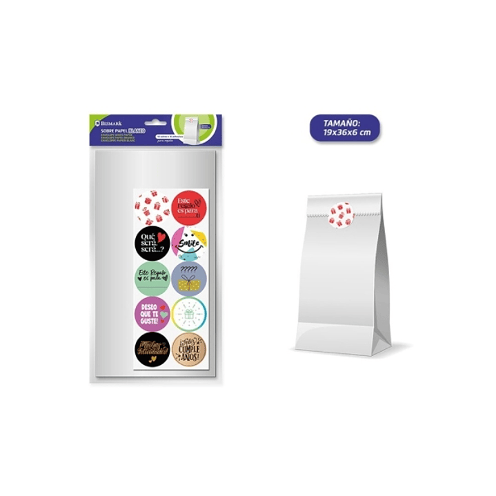 Bismark Pack de 10 Sobres Papel Kraft 50grs con 10 Pegatinas para Cierre - Medidas 19x36x6cm - Ideal para Regalos - Color Blanco 1