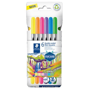 Staedtler 3200 Pack de 6 Rotuladores de Doble Punta - Resistente a la Presion - Colores Neon Surtidos