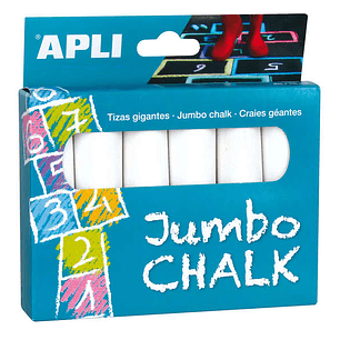 Apli Pack de 6 Tizas Redondas Jumbo - Tamaño Ø 25 x 105mm - Sulfato de Calcio Bajo en Residuo - Aptas para Uso Escolar - Color Blanco