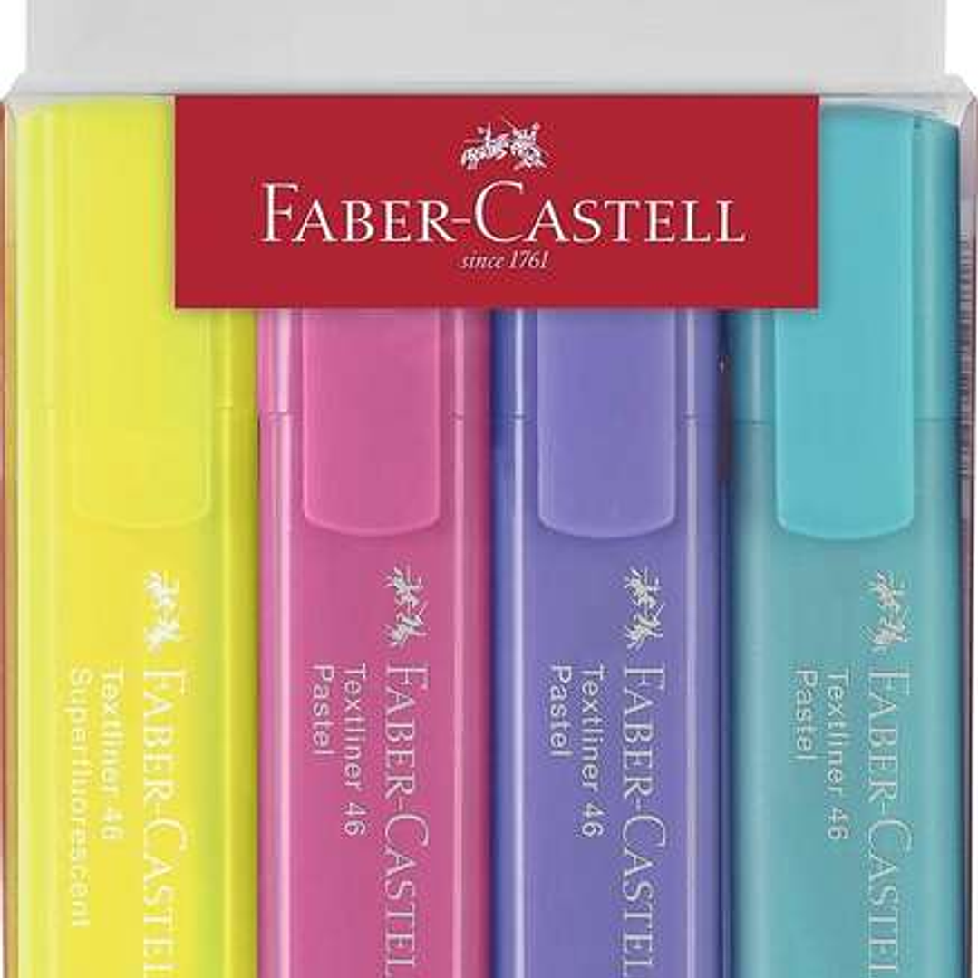 Faber-Castell Textliner 46 Pastel Pack de 4 Marcadores Fluorescentes - Punta Biselada - Trazo entre 1mm y 5mm - Tinta con Base de Agua - Colores Surti 1