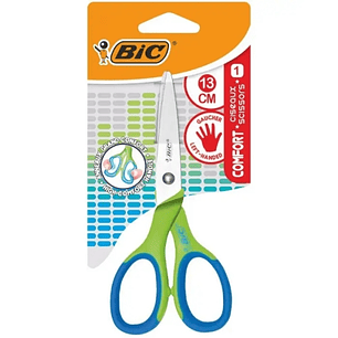 Bic Comfort Tijera Escolar de Acero Inoxidable 13cm - Mango Suave - Apta Para Zurdos - Colores Surtidos Aleatorio