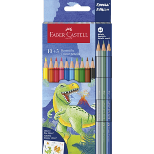 Faber-Castell Edicion Dinosaurios Pack de 13 Lapices de Colores Hexagonales - 10 Colores Clasicos + 3 Colores Metalizados - Incluye Pegatinas de Dinos