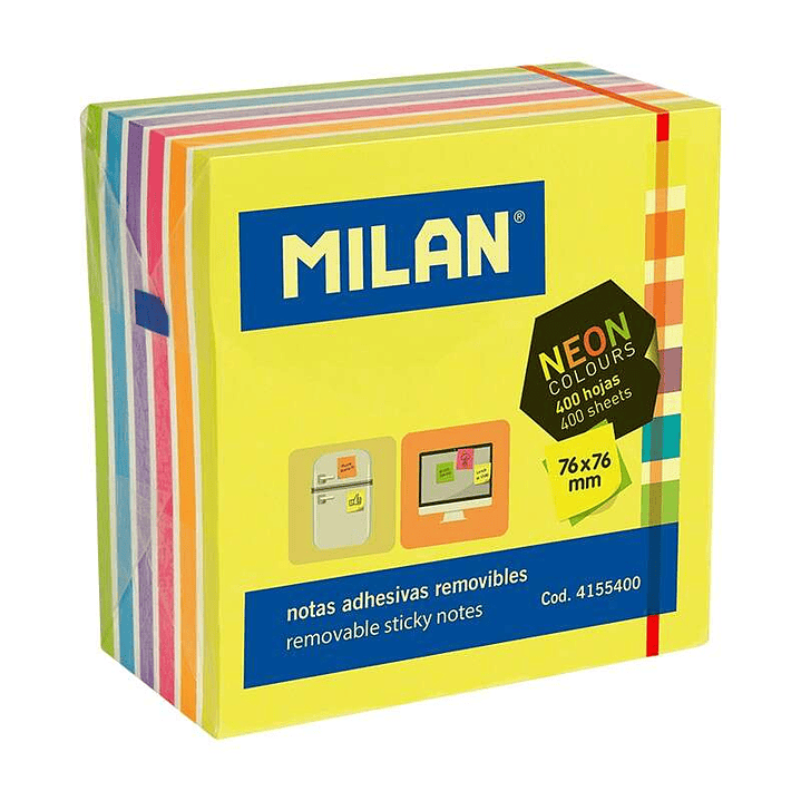 Milan Bloc de 400 Notas Adhesivas Neon - Removibles - 76mm x 76mm - Colores Surtidos 1
