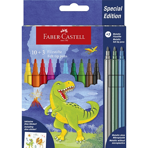 Faber-Castell Edicion Dinosaurios Pack de 13 Rotuladores de Colores - 10 Colores Clasicos + 3 Colores Metalizados - Incluye Pegatinas de Dinosaurios -