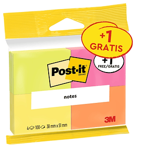 Post-It Pack de 4 Blocs de 100 Notas Adhesivas Reposicionables - Colores Neon - 38x51mm - Promocion 3 Blocs + 1 Gratis - Colores Surtidos