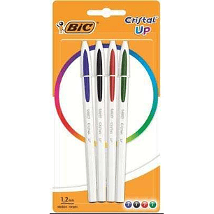 Bic Cristal Up Pack de 4 Boligrafos de Bola - Punta Redonda de 1.2mm - Trazo 0.6mm - Tinta con Base de Aceite - Cuerpo Blanco - Colores Surtidos
