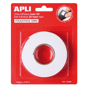 Apli Cinta Adhesiva Doble Cara Foam 3D 19mm x 2.28m - Adhesion Fuerte y Duradera - Ideal para Manualidades y Decoracion - Color Blanco
