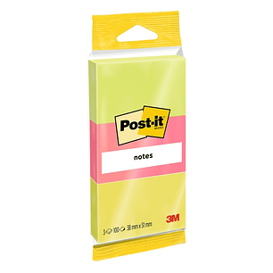 Post-It Pack de 3 Blocs de 100 Notas Adhesivas Reposicionables - Forma Rectangular - 38x51mm - Colores Surtidos