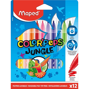 Maped Color´Peps Jungle Pack de 12 Rotuladores con Punta Media Bloqueada 2mm - Ojival, Suave y Flexible - Tinta Lavable - Colores Surtidos