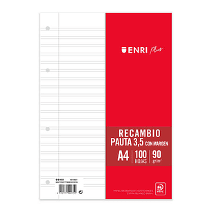 Enri Plus Recambio Formato A4 - Pautado 3.5mm 4 Taladros - 100 Hojas 90gr con Margen