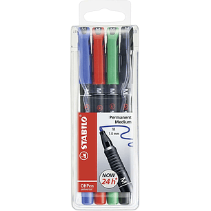 Stabilo OHPen Pack de 4 Rotuladores Permanentes - Punta Media - Trazo de 1mm - Agarre Antideslizante - Tapon Ventilado - Colores Surtidos