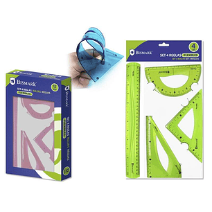 Bismark Pack de 4 Reglas Flexibles - Regla Recta - Transportador - Escuadra - Cartabon - Colores Surtidos