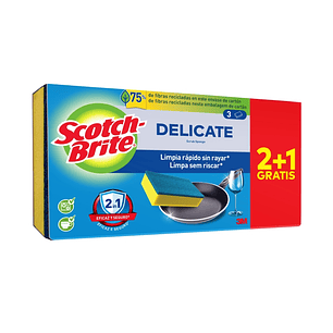 Scotch-Brite Delicate Pack de 3 Estropajos de Cocina - Promocion 2 + 1 Gratis - No Raya - Color Amarillo