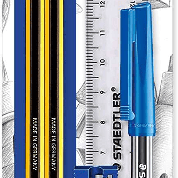 Staedtler Pack de 2 Lapices Noris de Grafito Hexagonales 2HB + 1 Boligrafo Stick 430 Azul + 1 Goma de Borrar  + 1 Sacapuntas +1 Regla 1