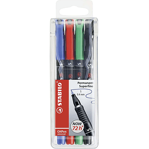 Stabilo OHPen Pack de 4 Rotuladores Permanentes - Punta Superfina - Trazo de 0.4mm - Agarre Antideslizante - Tapon Ventilado - Colores Surtidos