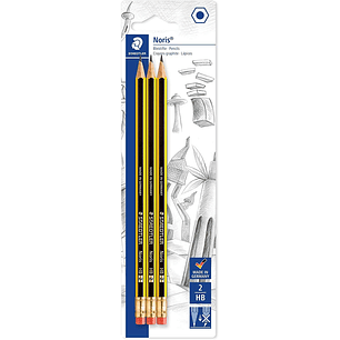 Staedtler Noris 122 Pack de 3 Lapices de Grafito Hexagonales 2HB con Goma - Resistencia a la Rotura - Madera de Bosques Sostenibles