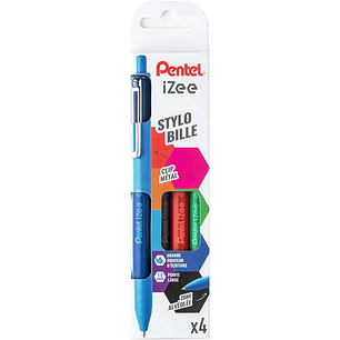 Pentel iZee Pack de 4 Boligrafos de Bola Retractiles - Punta 0.7mm - Trazo 0.35mm - Clip de Metal - Colores Negro, Azul, Rojo y Verde