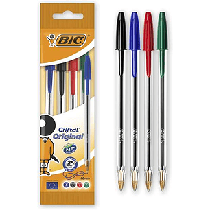 Bic Cristal Original Pack de 4 Boligrafos de Bola - Punta Redonda de 1.0mm - Trazo 0.4mm - Tinta con Base de Aceite - Colores Surtidos